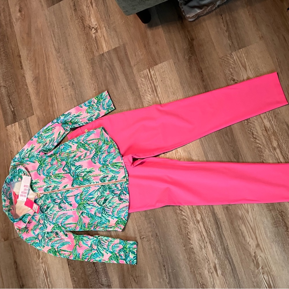 Lilly Pulitzer Pink Tropical Palm Zip Jacket with Hot Pink Accents